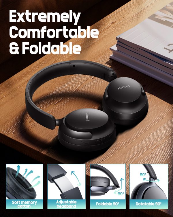 Picun NC60 Hybrid Active Noise Cancelling Headphones, Foldable Wireless Over Ear Bluetooth 5.4 Headphones, 80H Playtime, Transparency Mode, Stereo Bass, Custom EQ via App for Travel Home Black - Image 8